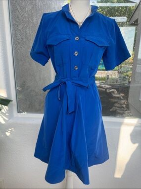 DKNY Cobalt Blue Short Sleeve Shirt Dress with Tie Waist SZ 2 Side Pockets